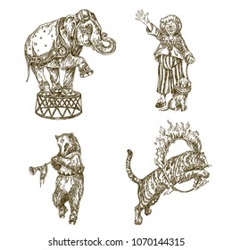 Vintage circus set. Elephant, clown with dog, bear and tiger. Engraving style. Vector illustration.