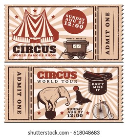 Vintage circus show advertising horizontal tickets with marquee wagon trained animals bicycle magic wand and hat vector illustration