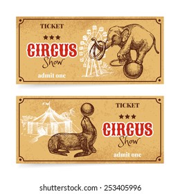 Vintage circus show ticket set. Hand drawn sketch vector illustration