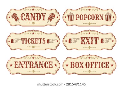 Vintage circus sign collection featuring decorative retro labels for Candy, Popcorn, Tickets, Exit, Entrance, and Box Office. Perfect for carnival party decorations, circus-themed events, printable signage, posters, banners, party supplies, and vintage fair designs.