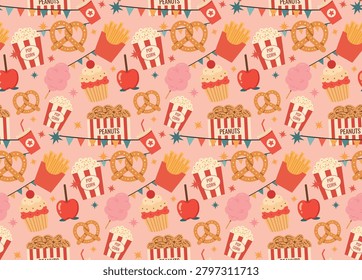 Vintage Circus Snack Seamless Pattern with Popcorn, Pretzels and Candy