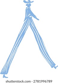 Vintage circus stilt walker legs long trousers blue line art vector
