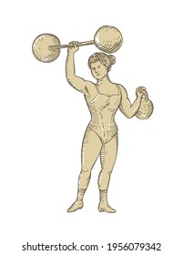 Vintage Circus Strongwoman Female or Lady Strongman Lifting Barbell on One Hand and Kettlebell in Etching Engraving Style 