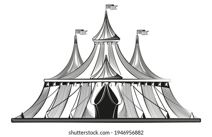 Vintage circus tent. Carnaval construction in engraving style.