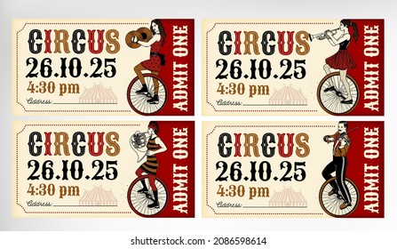 Vintage Circus Ticket With  Band Musicians.  Vector Illustration.