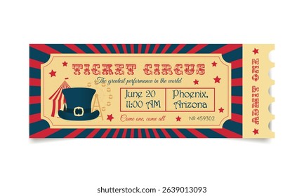 Vintage circus ticket, entrance retro coupon in red and blue