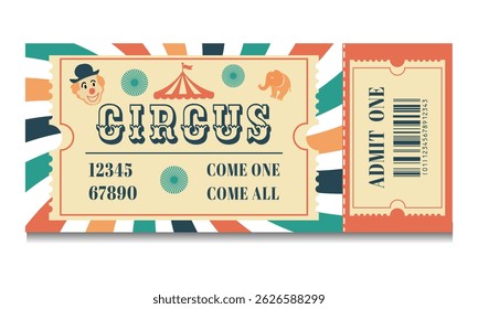 Vintage circus ticket illustration with clown face, tent, elephant, and bold typography. Retro design with colorful borders, barcode, and admission details. Perfect for events and posters.Vecto