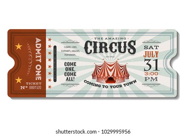 Vintage Circus Ticket/
Illustration of a vintage and retro design circus ticket, with big top, admit one coupon mention, code and text elements for arts festival and events