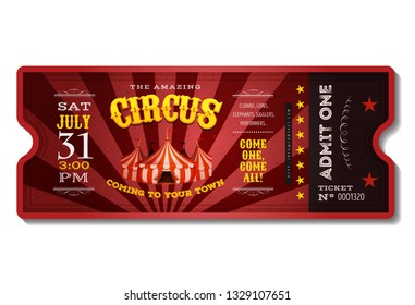 Vintage Circus Ticket/ Illustration of a vintage and retro design circus ticket, with big top, admit one coupon mention, bar code and text elements for arts festival and events