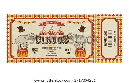 Vintage circus ticket illustration template with elephants and big top tent, retro carnival event admission stub design