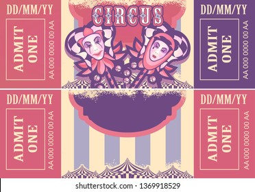 vintage circus ticket for a magic show, carnival or amusement park, vector template two sides isolated, isolated on white background