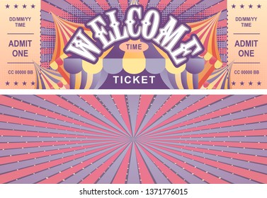 vintage circus ticket for a magic show, carnival or amusement park, vector template two sides isolated, isolated on white background