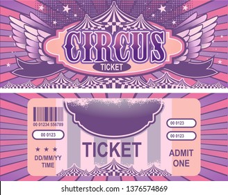 vintage circus ticket for a magic show, carnival or amusement park, vector template two sides isolated, isolated on white background