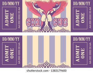 vintage circus ticket for a magic show, carnival or amusement park, vector template two sides isolated, isolated on white background