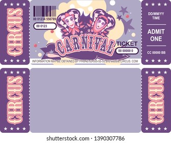vintage circus ticket for a magic show, carnival or amusement park, vector template two sides isolated, isolated on white background