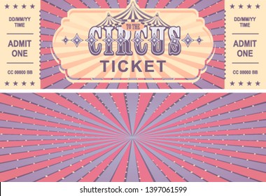 vintage circus ticket for a magic show, carnival or amusement park, vector template two sides isolated, isolated on white background