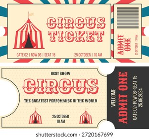 La Plantilla de boletos de circo de Antiguas con colores rojos y crema llamativos e ilustraciones de carpas a rayas muestra claramente los detalles de admisión para una fecha específica y la ubicación del asiento para el evento de mayor rendimiento del mundo.
