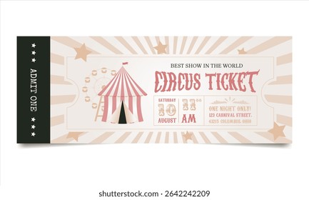 Vintage Circus Ticket with Tent and Ferris Wheel in Beige Tones.Retro Carnival Invitation Template