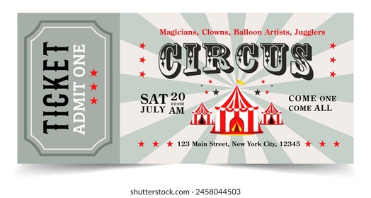 Vintage circus ticket vector illustration. admit one coupon mention, Retro magic show invitation