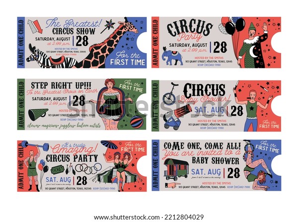 Vintage
Circus Tickets. The Clown, The Snake Lady,The Knife Thrower, The
Snake Lady,The Knife Thrower. Vector Illustration, Elephant, Zebra,
Giraffe, Circus Tent. Vector illustration.
