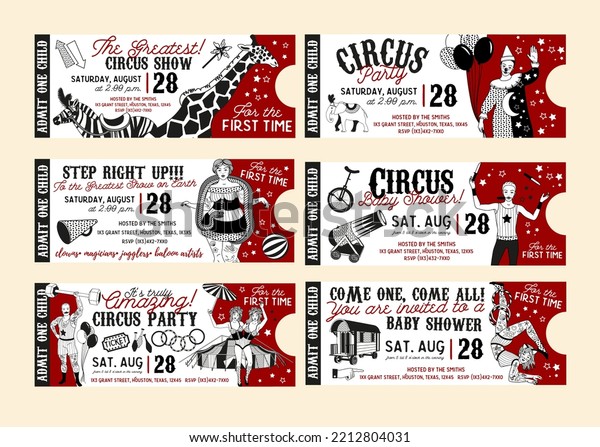 Vintage
Circus Tickets. The Clown, The Snake Lady,The Knife Thrower, The
Snake Lady,The Knife Thrower. Vector Illustration, Elephant, Zebra,
Giraffe, Circus Tent. Vector illustration.

