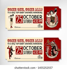 Vintage Circus Tickets. The Clown and The Circus Strong Woman. Vector illustration.