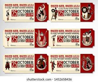 Vintage Circus Tickets. The Lion Tamer, The Clown, The Circus Strong Woman, The Circus Magician, The Circus Fire Eater, The Gymnast Girl. Vector illustration.