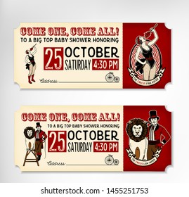 Vintage Circus Tickets. The Lion Tamer, and The Circus Fire Eater. Vector illustration.