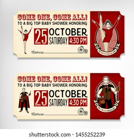 Vintage Circus Tickets.  The Circus Magician and The Gymnast Girl. Vector illustration.