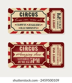 Vintage circus tickets. Vector illustration isolated on white background.