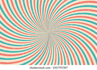 Vintage Circus Vector Background. Sunbeams Retro Grunge Poster. Spinning Backgorund Colorful Stripes. Comic Red And Green Radial Burst Backdrop. Old Striped Illustration