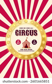 Vintage circus vertical banner with golden frame. Retro background for events, festival, carnival, party, performance and more. Vector illustration