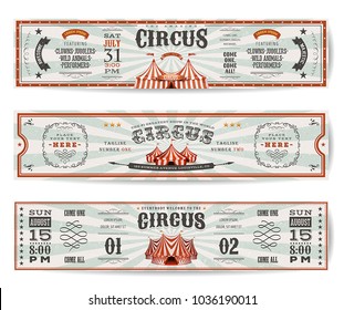 Vintage Circus Website Banners Templates/
Illustration of a set of retro design circus web header templates, with big top, banners, floral patterns and ornaments on wide sunbeams background