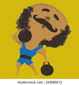 Vintage circus weightlifter with weights. Vector