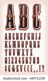 Vintage Circus And Western ABC Font/
Illustration of a set of retro circus abc typefont, with letters, numbers, currencies and special characters on vintage and grunge background