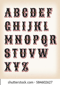 Vintage Circus And Western ABC Font/
Illustration of a set of retro circus design abc typefont, with ornament on vintage and grunge background