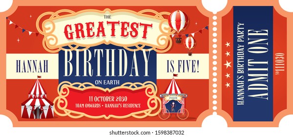 vintage circus/carnival ticket birthday party invitation card design template vector/illustration