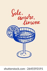 Vintage Citrus Posters with Lemon Drinks, Limoncello Bottle and Hand Lettering in Red and Blue, Retro Summer Print Set in Italian Style, Keep It Citrus, Drink the Sun, Limonata della Casa