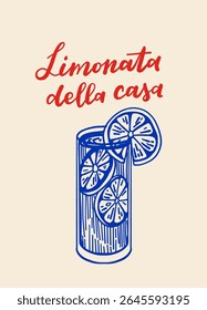 Vintage Citrus Posters with Lemon Drinks, Limoncello Bottle and Hand Lettering in Red and Blue, Retro Summer Print Set in Italian Style, Keep It Citrus, Drink the Sun, Limonata della Casa