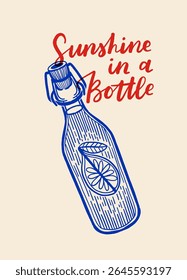 Vintage Citrus Posters with Lemon Drinks, Limoncello Bottle and Hand Lettering in Red and Blue, Retro Summer Print Set in Italian Style, Keep It Citrus, Drink the Sun, Limonata della Casa