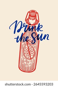 Vintage Citrus Posters with Lemon Drinks, Limoncello Bottle and Hand Lettering in Red and Blue, Retro Summer Print Set in Italian Style, Keep It Citrus, Drink the Sun, Limonata della Casa