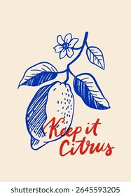 Posteres de citrinos vintage com bebidas à base de limão, garrafa de limoncello e letras à mão em vermelho e azul, Retro Summer Print Set em estilo italiano, Mantenha-o Citrus, Beba o sol, Limonata della Casa