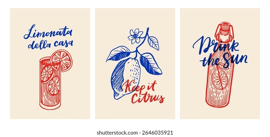 Posteres de citrinos vintage com bebidas à base de limão, garrafa de limoncello e letras à mão em vermelho e azul, Retro Summer Print Set em estilo italiano, Mantenha-o Citrus, Beba o sol, Limonata della Casa