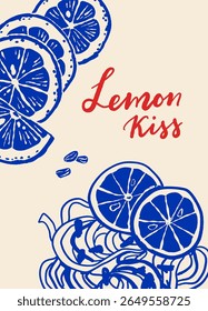 Posteres de citrinos vintage com bebidas à base de limão, garrafa de limoncello e letras à mão em vermelho e azul, Retro Summer Print Set em estilo italiano, Mantenha-o Citrus, Beba o sol, Limonata della Casa