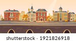 Vintage city autumn street with european colonial victorian buildings and lake promenade. 19th century town with old architecture. Retro style cityscape at river shore, Cartoon vector illustration