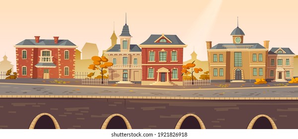 Vintage city autumn street with european colonial victorian buildings and lake promenade. 19th century town with old architecture. Retro style cityscape at river shore, Cartoon vector illustration