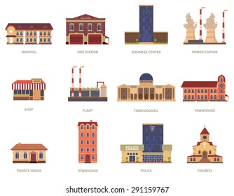 Vintage city buildings of hospital fire station and downtown business center icons set abstract isolated vector illustration. Editable EPS and Render in JPG format