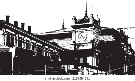 Vintage city clock tower vector illustration. Black and white urban architecture logo style, historic building and European town square concept for travel and heritage design.