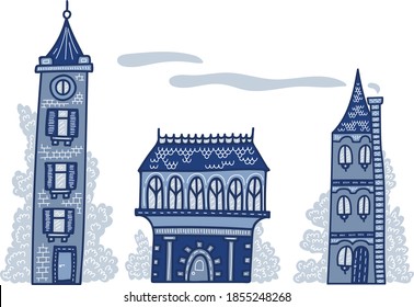 Vintage city houses. Hand drawn vector doodle. Set of illustrations with outline on white background. Design for children's book or print.