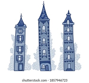 Vintage city houses. Hand drawn vector doodle. Set of illustrations with outline on white background. Design for children's book or print.